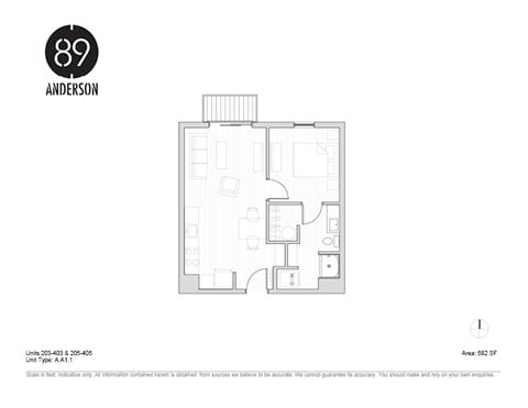 Floor plan for 1 bed, 1 bath, 582 sqft